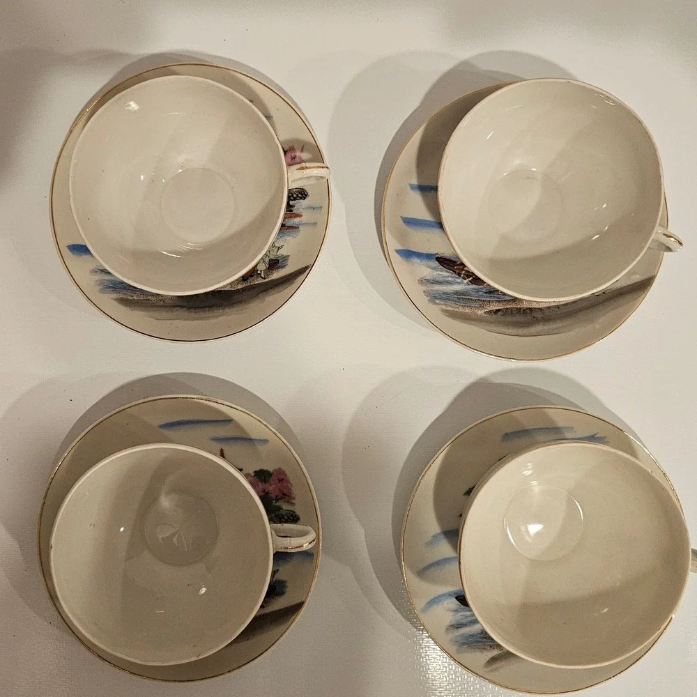 Vintage Japanese Lithophane Porcelain Tea Cup Saucer Set 4 Geisha Pagoda Gold